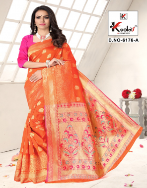 orange silk base  fabric rich pallu weaving jacqaurd  work festive 