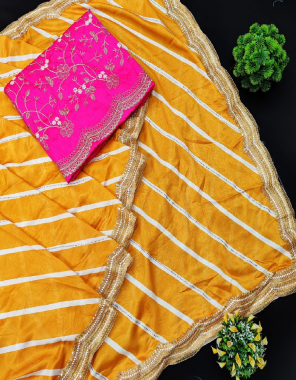 yellow saree -leheriya rajwadi silk with digital print |blouse -banglori silk fabric embroidery seqeunce coding  work running  