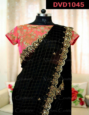 black saree -cotton silk |blouse -paper silk fabric embroidery lace border diamond work festive  