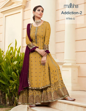 yellow top -heavy fox georgette embroidery mirror with santoon inner length 43 to 44 size max upto 58 | palazzo -georgette with santoon inner |dupatta -fox georgette mirror work |  type -semi stitched   fabric wembroidery mirror work party wear  