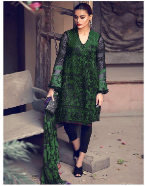 green top -pure organza |bottom + inner -heavy santoon |dupatta -nazmin chiffon print  fabric embroidery seqeunce work ethnic 