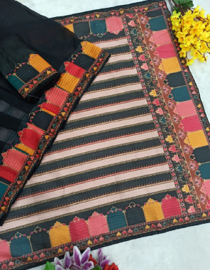 black saree -georgette with seqeunce work | blouse -banglori  fabric embroidery digital print seqeunce  work festive  