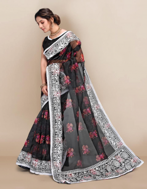 black saree -organza | blouse -pure banglori silk fabric digital print with embroidery work wedding  