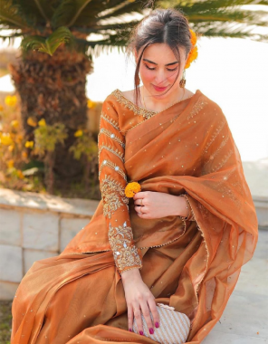 orange saree -soft khadi organza |blouse -banglori silk embroidery sequence mirror readymade 38 size upto 40 fabric embroidery seqeunce mirror work casual  