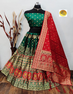 green lehenga -pure banarasi silk with cancan inner |blouse -pure banarasi silk |dupatta -pure banarasi silk |type -semi stitched fabric weaving jacqurd work party wear 