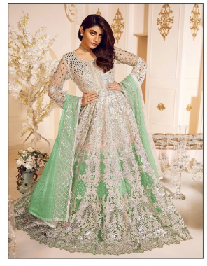 white top -butterfly net with embroidery seqeunce |inner -santoon |dupatta -kota chex with embroidery seqeunce |size -max upto 48 |length -size max upto 55 |type -semi stitched fabric mirror embroidery seqeunce work wedding 