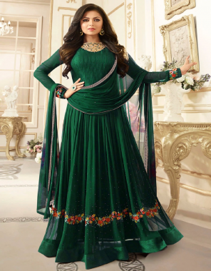 green top -fox georgette embroidery stone |sleeve -faux georgette embroidery | inner +bottom -santoon |dupatta -nazmin chiffon |length -max upto 52 |size -max upto 44 |flair -2.40m |type -semi  stitched fabric embroidery stone work casual 
