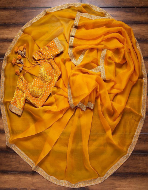 yellow saree -soft georgette |blouse -velvet embroidery seqeunce fabric embroidery seqeunce work casual  