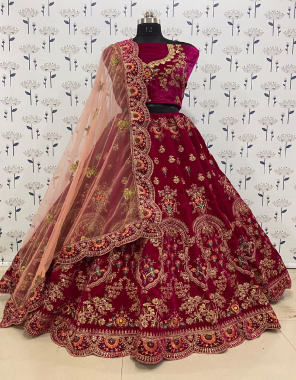 drak pink fabric -pure velvet 9000 |inner -heavy japan crepe |size -semi stitch upto 42 |height 42 canvas attached | type -semi stitched fabric embroidery diamond fancy work work wedding 