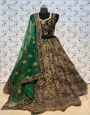 green fabric -pure velvet |size -free size upto 46 |flair -3.25m |dupatta -soft net 2.25m |type -semi stitched  fabric embroidery diamond fancy work work party wear 