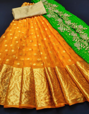 orange lehenga -pure organza kanchipuram jacqaurd 3m |blouse -brocade 1m |dupatta -organza 2.4m fabric embroidery work wedding 