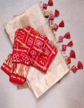 cream chiku saree -soft banarasi tissue |blouse -jacqaurd weaving bandhej  fabric bandhej weaving jacqaurd work festive  