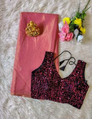 light red saree -tissue silk |blouse -seqeunce readymade 38 size ready upto 40 fabric seqeunce  work casual 