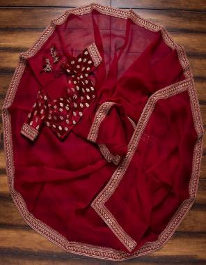 marron saree -soft organza silk |blouse -velvet fabric embroidery coding seqeunce work wedding 