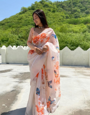 light orange saree -soft organza silk |blouse -banglori silk fabric handwork digital print work wedding 