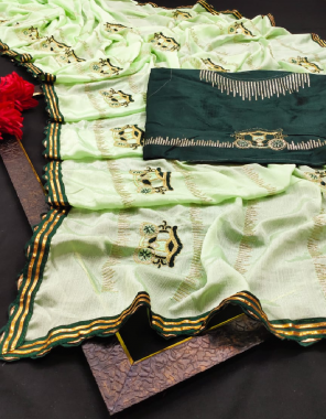 green saree -chinon silk embroidery seqeunce |blouse -running fabric embroidery seqeunce work festive 