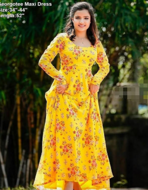yellow georgette |length 52 |flair 3.5m fabric floral print work festive 