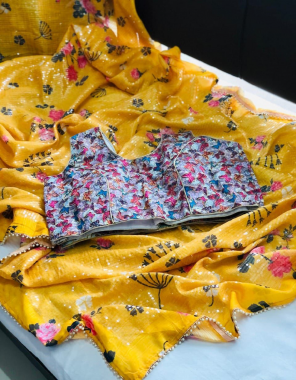 yellow saree -soft pure silk | blouse -banglori satin readymade 38 size ready upto 42 fabric digital print seqeunce work casual 