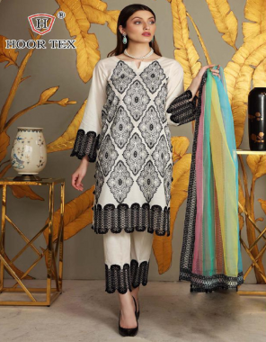 white black top -lawn cotton with embroidery work |bottom -semi lawn patch work |dupatta -tabby silk digital print |size -56(8xl) | type -semi stitched fabric embroidery digital print work running 