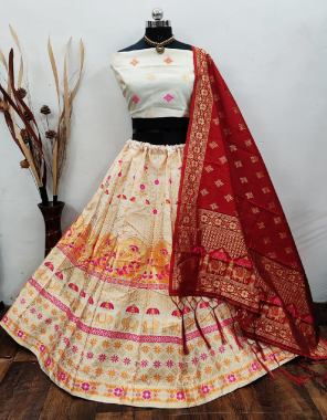 white lehenga -pure banarasi silk with cancan inner semi stitch |blouse -pure banarasi silk |dupatta -pure banarasi silk pallu length 44 fabric weaving jacqaurd work festive 
