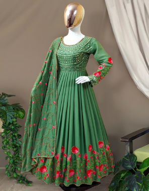 green top- georgette with embroidery work full stitch xl size |inner -crepe silk |bottom -crepe silk unstitch  |dupatta -georgette with digital print fabric embroidery paper mirror seqeunce work work ethnic 