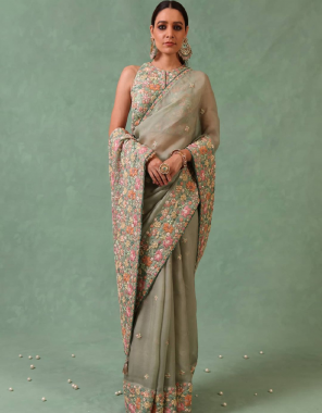 mehndi saree -soft organza silk |blouse -banglori embroidery seqeunce fabric embroidery sequence work wedding 