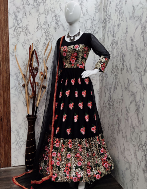 black gown -georgette with embroidery seqeunce flair 2.70m |inner -crepe silk |bottom -silk un stitch |dupatta -net readymade lace border |size -full stitch upto xl (42)  fabric embroidery seqeunce  work wedding  
