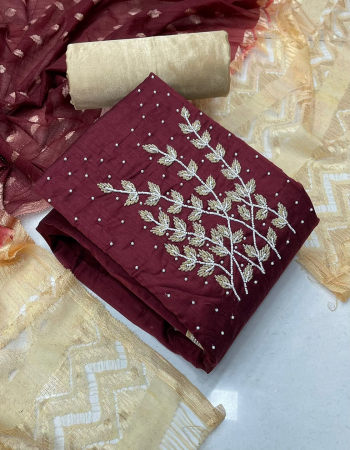 maroon top-modal chanderi silk 1.9m |bottom santoon 2m |inner -santoon 1.6m |dupatta fancy shaded print 2.10m fabric embroidery handwork work casual 