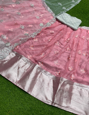 pink lehenga -viscose organza semi stitched 3m| blouse -satin 0.90m |dupatta-organza 2.30m fabric embroidery seqeunce work work festive  
