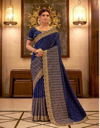 blue vichitra silk fabric embroidery gold work work party wear  