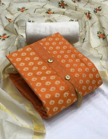 orange top-banarasi jacqaurd 2m |bottom-santoon 2m |inner -santoon 1.60m |dupatta -chanderi cotton with embroidery 2.30m fabric weaving jacqaurd  work casual 