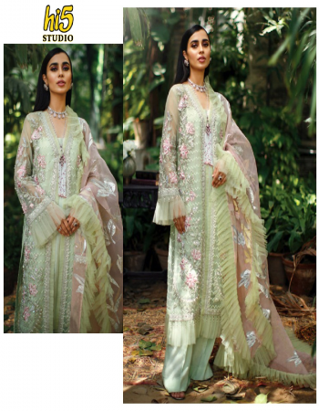 parrot green top - faux georgette heavy embroidered with sequance work semi | inner / bottom - heavy dull santoon plain | dupatta - mono net with silver foil print with fancy frill  [ pakistani copy ] fabric heavy embroidery work casual 