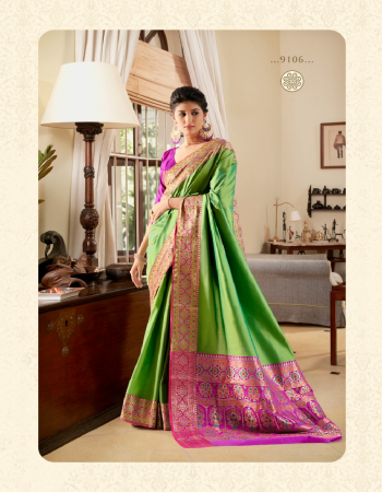 parrot green soft silk weaving with contrast blouse & designer pallu  fabric weaving work casual 