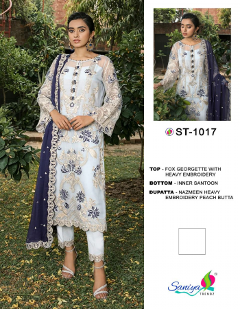 navy blue top - fox georgette with heavy embroidery | bottom - inner - santoon | dupatta - nazmeen heavy embroidery peach butta [ pakistani copy ] fabric heavy embroidery work festive 