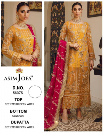 yellow top - net embroidery work |bottom - santoon | dupatta - net embroidery work [ pakistani copy ] fabric embroidery work party wear 