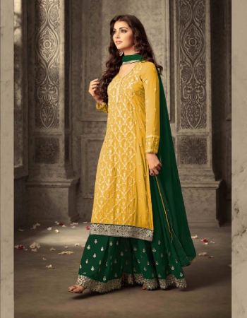 yellow top - georgette with embroidery and stone work | sleeves - georgette with embroidery and stone work | plazzo - georgette with embroidery and stone work with santoon inner attached | dupatta - nazmin with embroidery lace | length - max up to 45 | size - max up to 48 + | type - semi stitched  fabric embroidery work party wear 