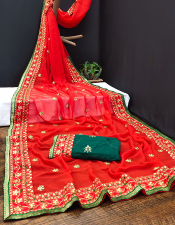 red saree - georgette with embroidery work | blouse- tapeta silk embroidery less work fabric embroidery work festive 