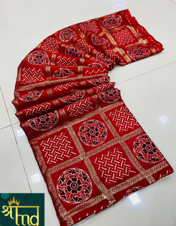 red pure pashmina with ajrakh print fabric printed work ethnic 