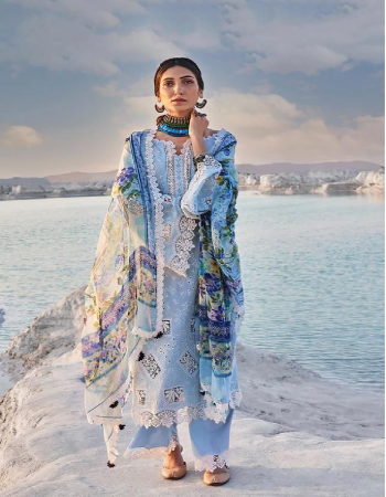 sky blue top - pure cotton with self embroidery | bottom - cotton soild | dupatta - cotton mal mal digital print [ pakistani copy ] fabric heavy embroidery work festive 