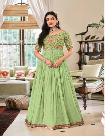 parrot green top - georgette with heavy embroidery | dupatta - heavy net | bottom - dual santoon [ master copy ] fabric heavy embroidery work party wear 