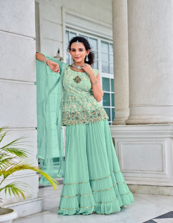 sky blue top - pure viscose georgette with embroidery work front & back | inner - santoon | plazo - pure viscose georgette | dupatta - heavy net ( sleeve fabric with suit attached  free size stitch ) [ master copy ] fabric embroidery work party wear 