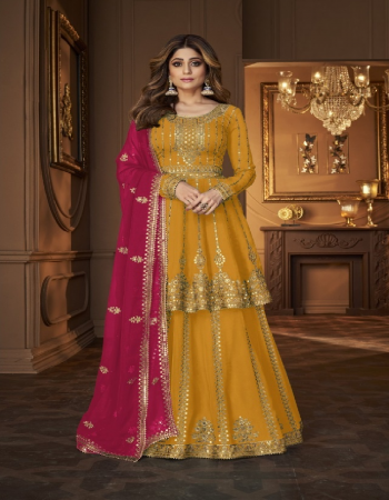 yellow top - heavy fox georgette with embroidery work with 7mm sequance | length - max upto 40 | size - max upto 48 | flair - 2.60m | plazzo  - heavy fox georgette with embroidery work with 7 mm sequance with inner attached | length - max upto 43 | size - max upto 46 | flair - 3 m | inner - santoon | dupatta - fox georgette with embroidery work with sequance with 4 side less with 7mm sequance [ master copy ] fabric embroidery work casual  