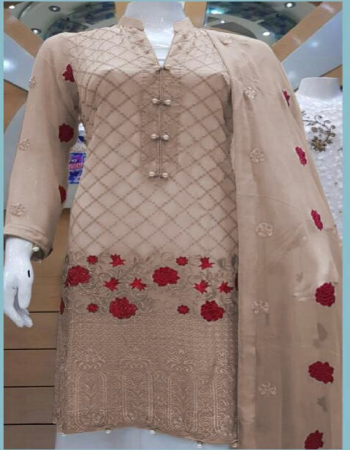 brown top - georgette with embroidery and diamond work ( including sleeves ) | inner & bottom - santoon | dupatta - fine ciffon with butti work and 4 side gotta border | size - fits upto 60 | length - 49