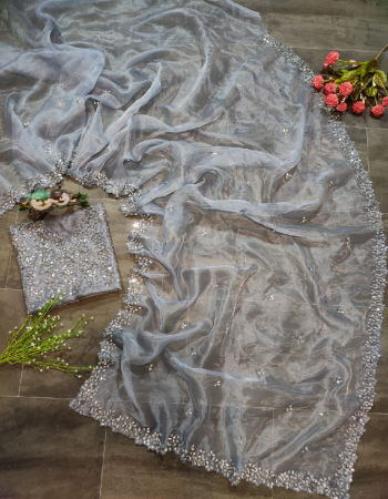 grey saree - soft khadi organza silk | blouse - satin banglory silk  fabric embroidery multi thread work work party wear 