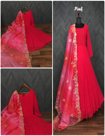 pink gown - faux blooming | size - full stitch 40 inch ( alter upto 44 inch ) | iength - 56 inch | flair - 5 m umbrella flair | lining - cotton ( full top to bottom ) | sleeves - half sleeves neck | dupatta - organza with rich pallu digital print with embroidery cut work | lenght - 2.25m fabric embroidery work casual 