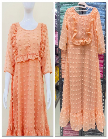peach popcorn butti georgette with complete lining | comfy sleeves pattern with front ruffle pattern  fabric butti work work party wear 