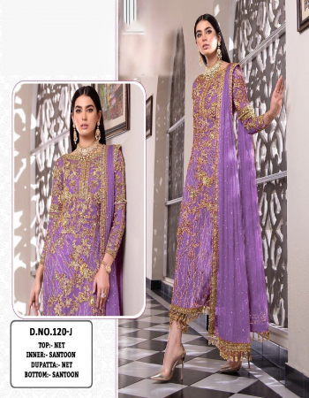 purple top - net with sequance embroidery work with diamond work | dupatta - net with embroidery with moti work | bottom - santoon with patch work | inner - santoon | length - 44