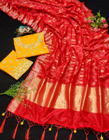 red saree - soft weaving jacquard silk | blouse - banglori silk fabric embroidery thread work work ethnic 