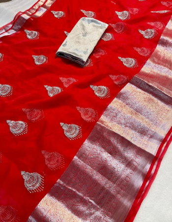 red kanchipuram nylon organza jacquard multi embroidery work with phantom silk blouse fabric jacquard  work festive 