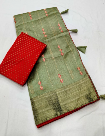 pastal green saree - soft cotton with jari work | blouse - brocket red colour contrst blouse fabric embroidery work casual 